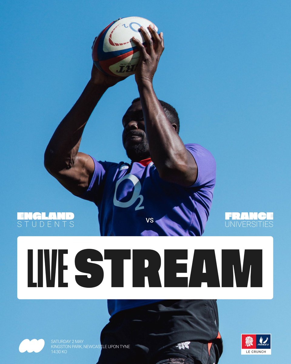 EngRugbyUnis's tweet photo. 📺 Can’t make it to today’s game? Follow along on the livestream via the link below!

🏴󠁧󠁢󠁥󠁮󠁧󠁿England Students 🆚 France Universities🇫🇷
🕝 2:30 KO
🏟️Kingston Park

🔗- https://t.co/fscYGUve8t https://t.co/lO81yRKOLB