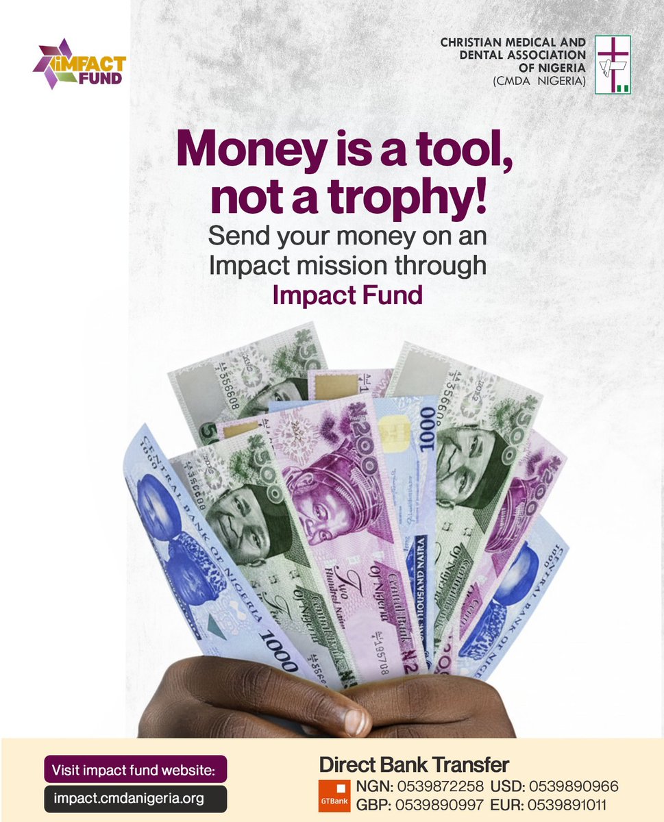 cmdanigeria's tweet image. IMPACT FUND

Money is a tool, not a trophy.

Through CMDA Nigeria, your giving becomes a mission—advancing hope, healing, and service.

Don’t just keep it. Send it on assignment.

Give today: impact.cmdanigeria.org

#ImpactFund #CMDA #FaithInAction #MedicalMissions
