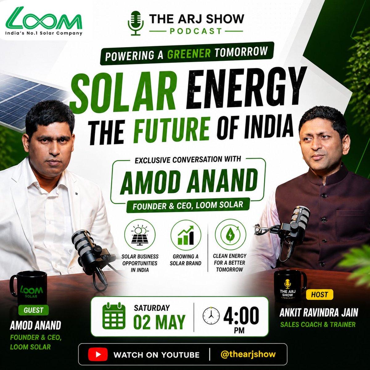 loomsolar's tweet image. Solar Energy: The Future of India

Catch Loom Solar’s Founder &amp;amp; CEO, Amod Anand, on The ARJ Show Podcast

📅 2 May | ⏰ 4 PM

Insights on solar growth, business &amp;amp; clean energy future
Watch:youtube.com/@thearjshow

#LoomSolar #SolarEnergy #CleanEnergy #RenewableEnergy #SolarIndia