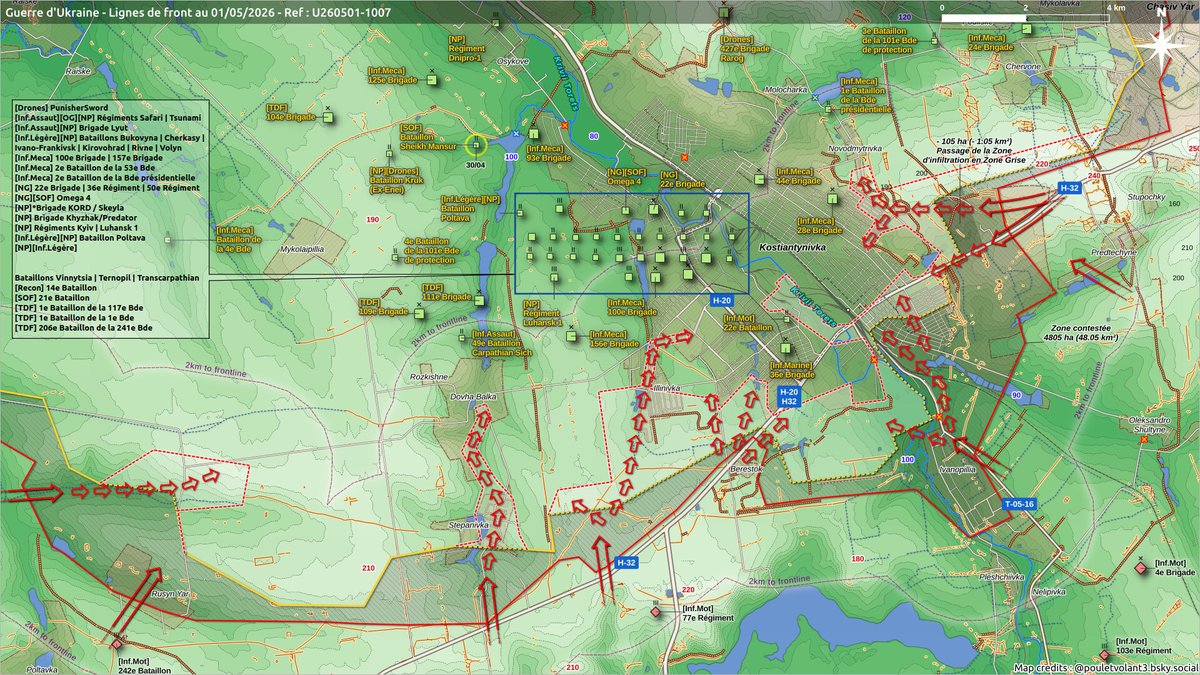 Pouletvolant3's tweet image. 1/2 Guerre d'Ukraine | 01/05/26

Secteurs :
🌐 Kupiansk🔹U260501-1000
🌐 Kramatorsk-Soledar🔹U260501-1030
🌐 Kostiantynivka🔹U260501-1007
🌐 Novopavlivka-Zelenyi Hai🔹U260501-1011

#UkraineRussianWar #GuerreEnUkraine