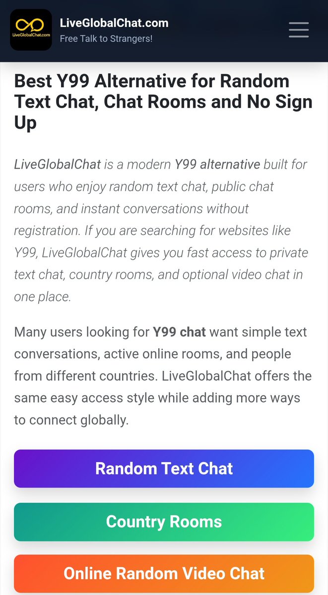 LiveGlobalChat's tweet photo. Looking for a better Y99 alternative in 2026? 🌍
Try LiveGlobalChat — 
instant video, voice &amp; text chat with people worldwide. 

No sign-up, just real conversations.

👉 https://t.co/IAedDXS2JS

#y99 #omegle #monkeyapp #LiveGlobalChat https://t.co/xsRq4NXuJh
