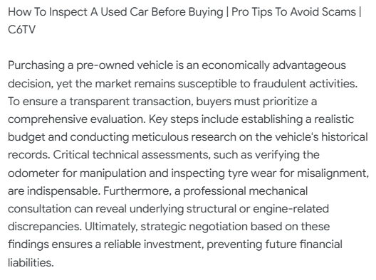 C6tvchannel's tweet image. How To Inspect A Used Car Before Buying | Pro Tips To Avoid Scams | C6TV
#UsedCars
#SecondHandCar
#CarBuyingTips
#AutoTips
#CarInspection
#Cars
#Automobile
#SmartBuy
#VehicleTips
#IndiaCars
#C6TV