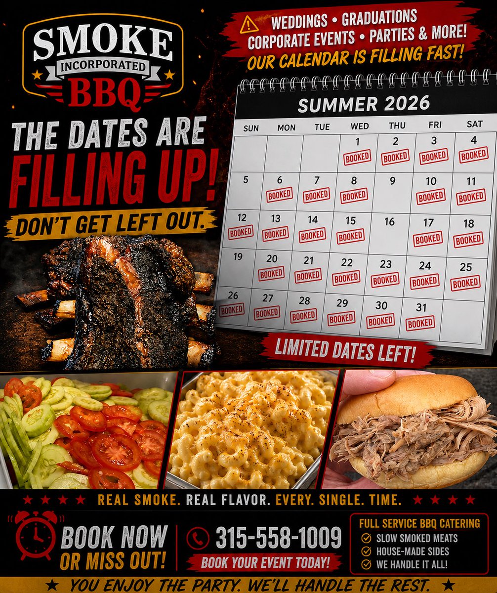 smokeincbbq's tweet image. 🔥 Summer 2026 is filling FAST

Dates are getting stamped BOOKED — don’t miss out.

Real smoke. Real flavor. No shortcuts.

📞 315-558-1009
#SmokeIncorporatedBBQ #BBQ #Catering