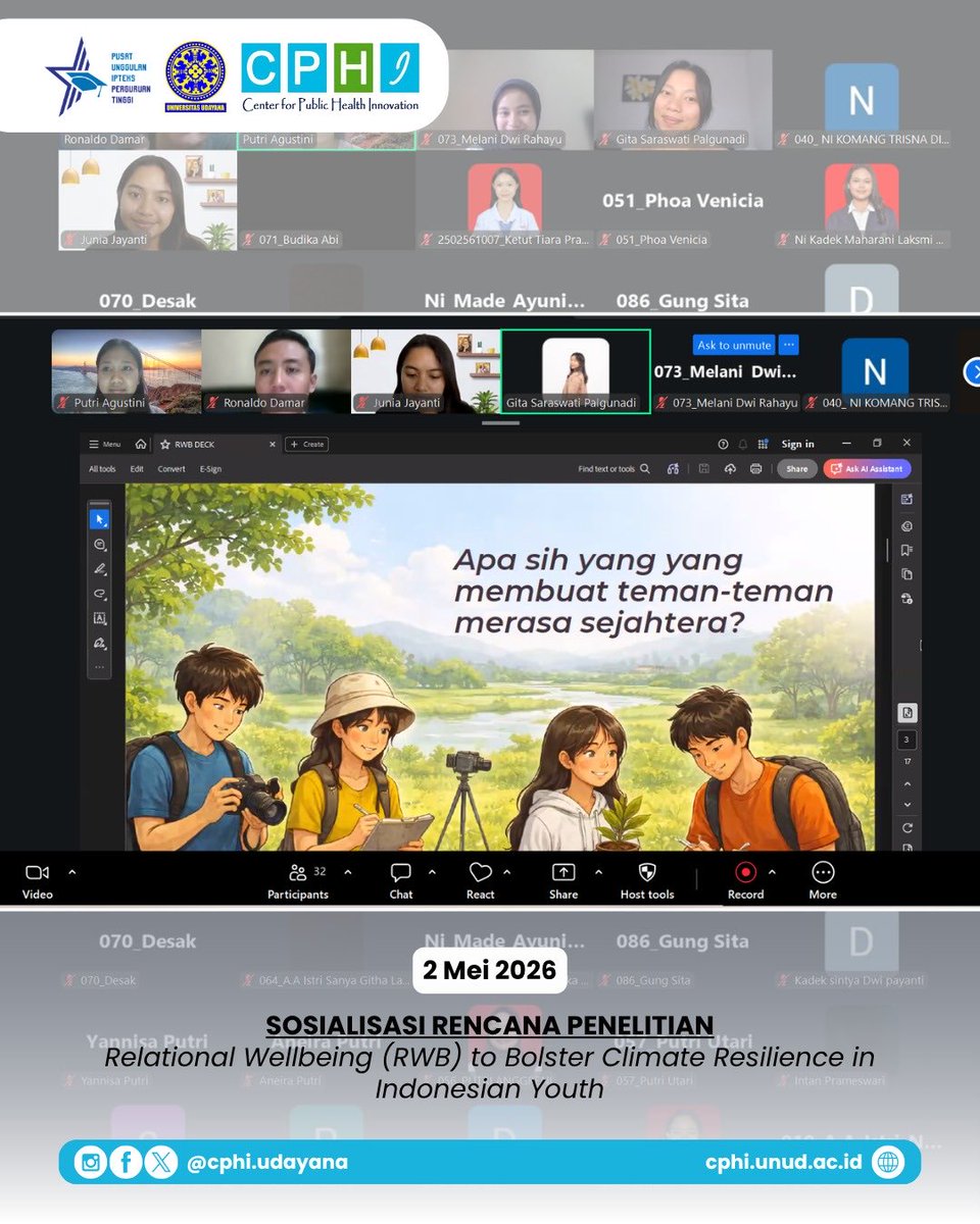 cphiudayana's tweet photo. Sabtu, 2 Mei 2026, PUI-PT CPHI Universitas Udayana bersama Kolaborasi Bumi telah melaksanakan kegiatan sosialisasi rencana penelitian secara daring kepada mahasiswa Program Studi Sarjana Kesehatan Masyarakat FK UNUD, bekerja sama dengan HMKM FK UNUD. https://t.co/T8WtWpJwoD
