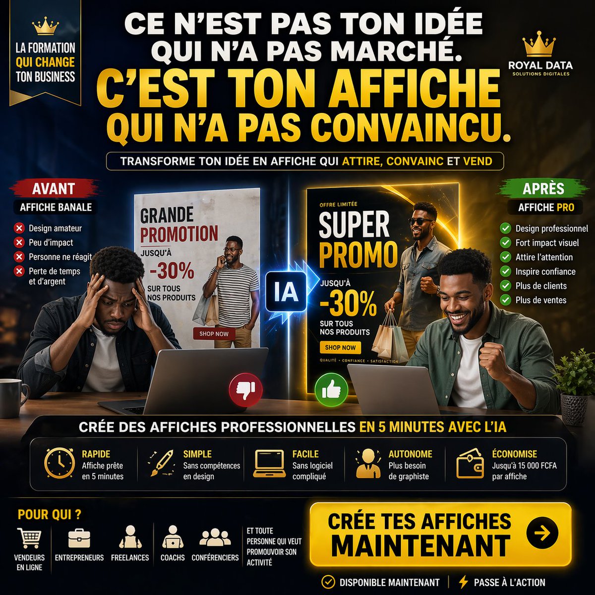 royaldata_'s tweet image. Tu paies 5 000, 10 000, voire 15 000 FCFA à un designer.
Tu attends 48 heures. Parfois plus.

Et quand tu as besoin d'une affiche en urgence pour un événement qui approche, une promo qui démarre demain, tu es bloqué. Tu dépends de quelqu'un d'autre. 

#affche #design #graphiste