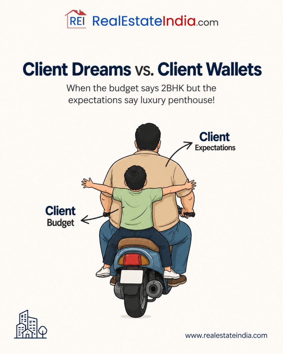 propertydir's tweet image. Client Dreams vs. Client Wallets

When the budget says 2BHK but the expectations say luxury penthouse — every property search has this moment!

At RealEstateIndia.com, we help clients find the right property that matches both their dreams and their budget.

#RealEstateIndia