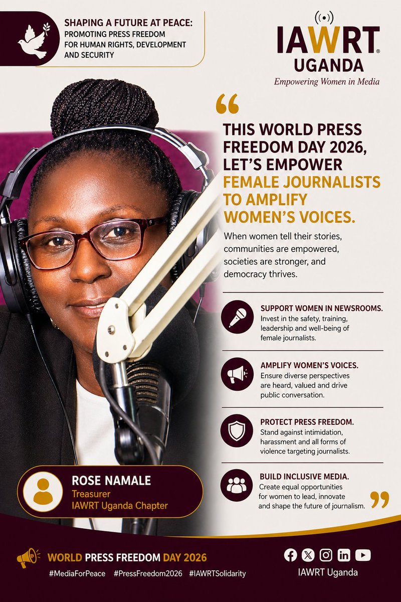 iawrt_ug's tweet photo. RoseNamale, Treasurer, @iawrt_ug , calls for empowering female journalists to amplify women’s voices.
Stronger women in media means more inclusive, just &amp; informed societies.
#MediaForPeace #PressFreedom #IAWRTSolidarity https://t.co/Qz4RBNr32x