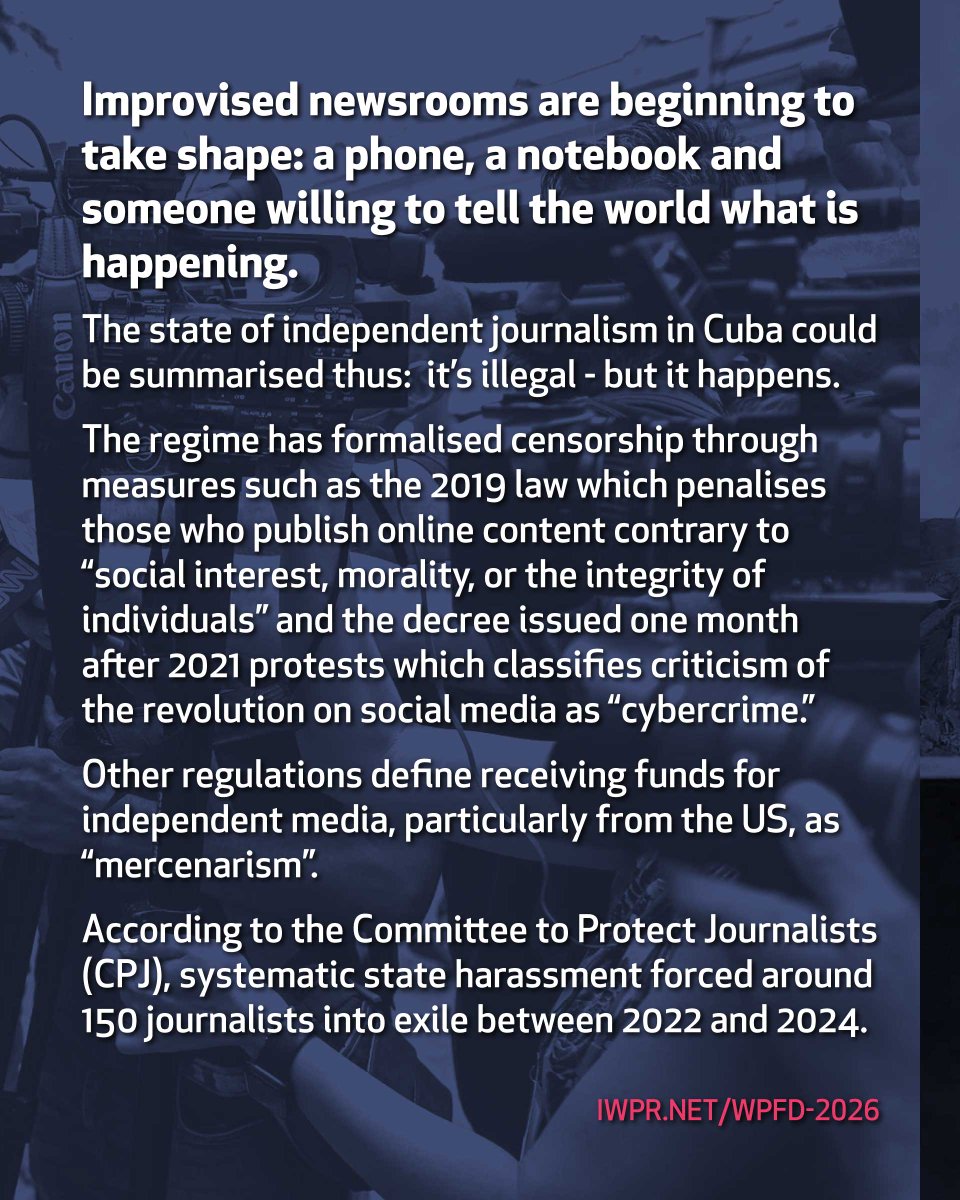 IWPR's tweet photo. “My family knows that at any moment, for any reason, I could be arrested.”
#WPFD #WPFD2026 #Cuba https://t.co/HsiNgveP6B