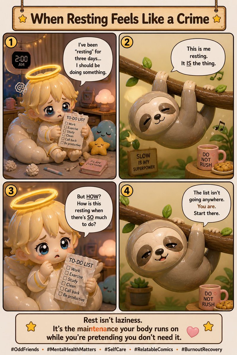 Odd_Friends668's tweet image. When Resting Feels Like a Crime

Rest isn't laziness. It's the maintenance your body runs on while you're pretending you don't need it.

Dozy says: "The list isn't going anywhere. You are. Start there."

#OddFriends #MentalHealthMatters #SelfCare #BurnoutRecovery #RelatableComics
