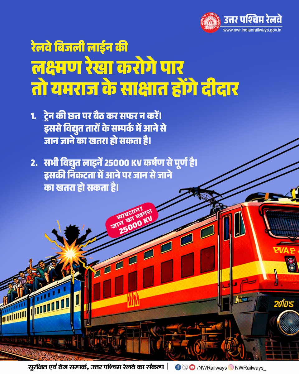 NWRailways's tweet image. ट्रेन की छत पर बैठ कर सफर न करें। इससे विद्युत तारों के सम्पर्क में आने से जान जाने का खतरा हो सकता है।
#SAFETY #IndianRailways #NorthWesternRailway