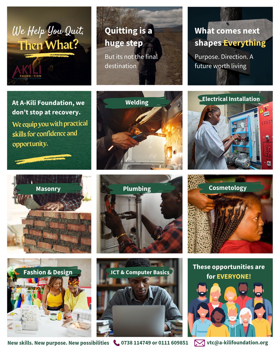 A_kiliF2025's tweet image. We don’t just teach, we show.
Join our May intake and start building a future you can be proud of.

#VocationalSkills #SkillsForLife #YouthEmpowerment #SelfReliance #BuildYourFuture #RecoveryToPurpose #DrugFreeKE #LearnSkills