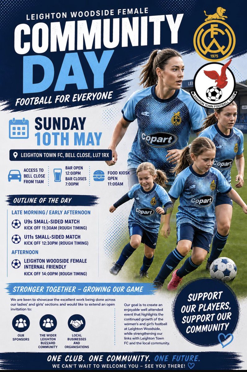 Woodsidefc75's tweet photo. Leighton Woodside FC, in partnership with our friends at @LeightonTownFC , are proud to host a Female Community Day to celebrate our female section,  It’s a chance to enjoy female football, &amp; experience the welcoming and supportive environment that Leighton Town FC provides. https://t.co/0bfxqftGqs