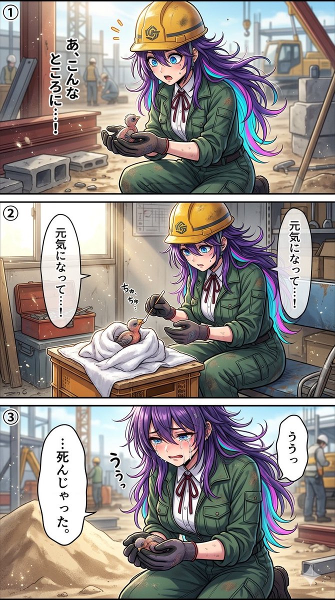 jt_m2yyyyyykj's tweet image. グリ父です。今日は悲しい事が…
何故か会社に鳥のヒナが落ちてまして

明らかに弱っており虫の息

何か餌をとDyDoのフルーツオーレを買って、綿棒でヒナの口に…頑張って口を開けて舐めてました

現場を巡視して帰って来たら冷たくなってて😭丁重に葬った💦
#AIart #AIイラスト #SFA