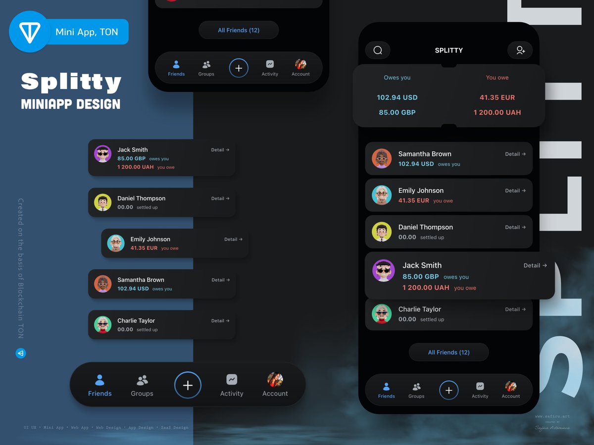 safiruart's tweet image. Mini App Design - Splitty
Design of a mini app application for the Telegram @ton_blockchain  ecosystem🪙. It is made in a stylish and high-quality UX design and, of course, we apply minimalism and dark fashion.

New 2026 Portfolio
safiru.art

#miniapp #telegram #uiux