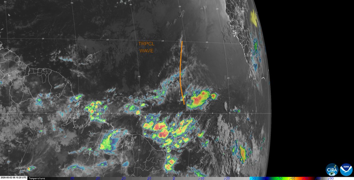 NHC_TAFB's tweet photo. May 2: The 1st tropical wave of the Atlantic hurricane season is along 30°W and moving W at around 20 kt.  The wave is embedded within a robust Saharan Air Layer, bringing dry air and a generally hostile environment for development. As a result, deep convection remains limited. https://t.co/fl1zwoeCYj