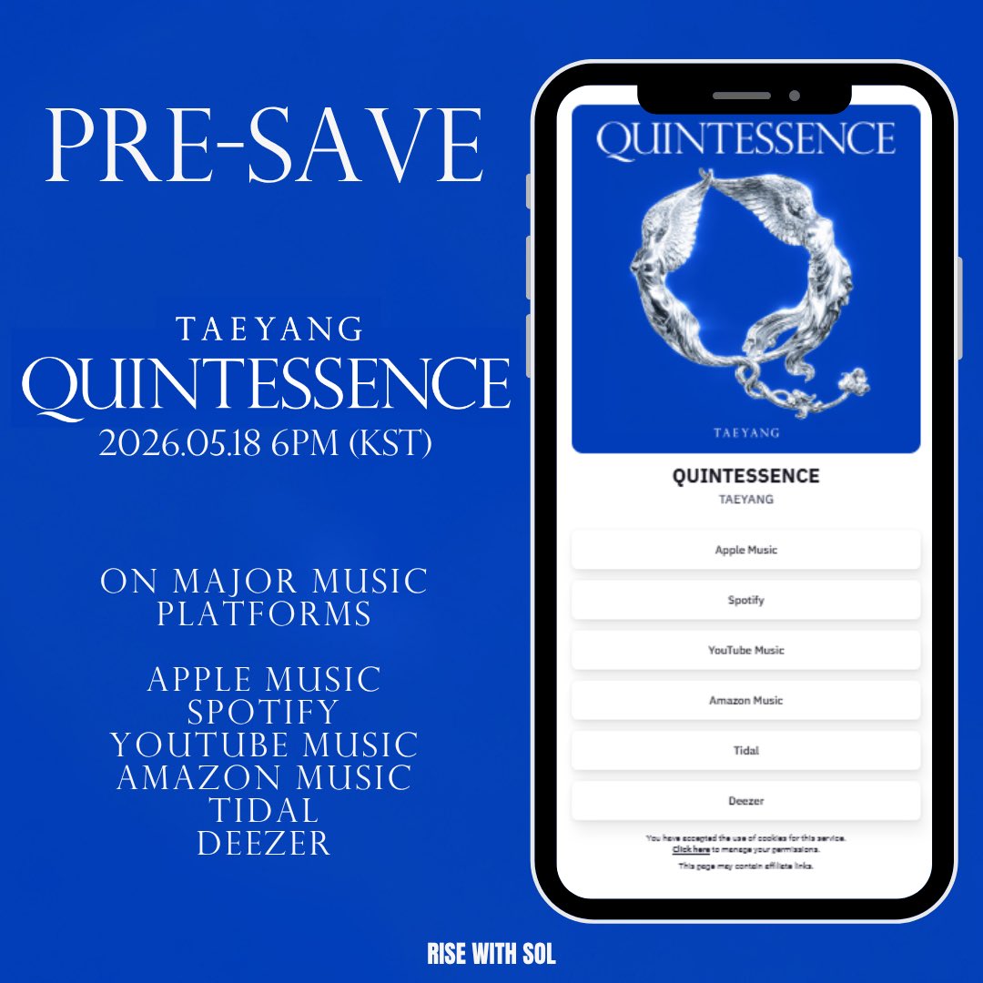 PRE-SAVE QUINTESSENCE🪽

☑️1 pre-save = 1 digital order

Pre-saving boosts initial streaming numbers, signals popularity to algorithms for better playlist placement, and builds anticipation.

Let’s do this for TAEYANG!

#QUINTESSENCE #TAEYANG #태양 <a href="/Realtaeyang/">TAEYANG</a> <a href="/THEBLACKLABEL/">THEBLACKLABEL</a>