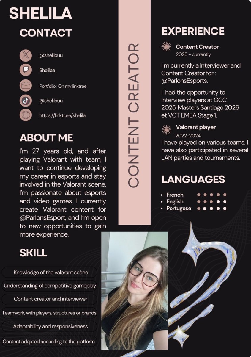 shelilouu's tweet photo. I’m looking to explore opportunities in 2026 within esports and event management. I’m open to travel 🌍

Interviewer / Content Creator  
I’m also open to learning more about Talent/Event &amp; Competitive Ops.

You can find the links to my portfolio right here 👇

🔁 &amp; ❤️ appreciated https://t.co/WaBeWZmPEH