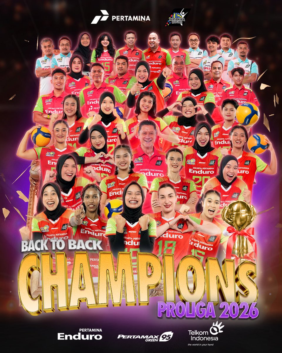 JPEVolley's tweet photo. BACK TO BACK CHAMPION 🏆⭐️

Jakarta Pertamina Enduro mempertahankan gelar juara Proliga 2026 ❤️ https://t.co/ghK22pdTvK
