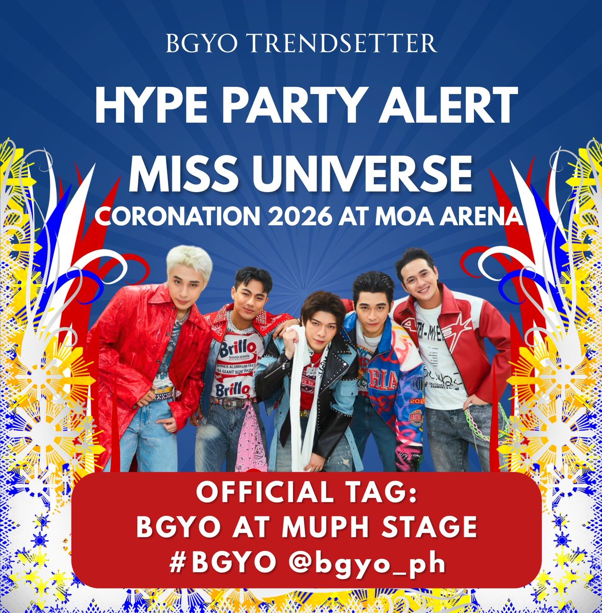 BGYOtrendsofc's tweet photo. HYPE PARTY ALERT 

ACEs, it’s time to make some noise! 

BGYO is about to take the stage at the Miss Universe coronation and this is our moment to go ALL OUT! 

Use our official tags as you post! 

BGYO AT MUPH STAGE
#BGYO @bgyo_ph https://t.co/ak72yWLbYW