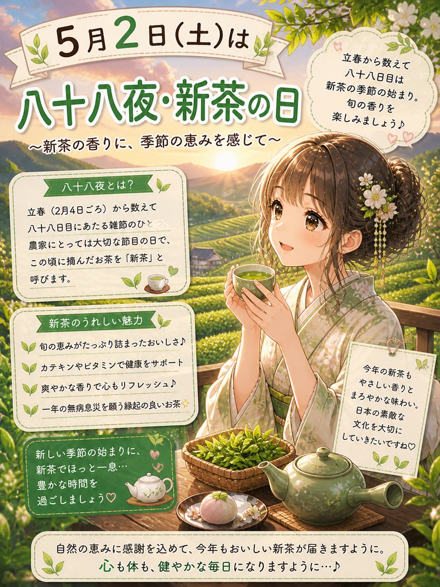 et7vc4's tweet image. 5月2日は #八十八夜・新茶の日

やさしい香りに包まれて
ほっと一息つく時間✨️

自然の恵みに感謝しながら
ゆったり過ごしたいですね😌

#AIイラスト #ChatGPT