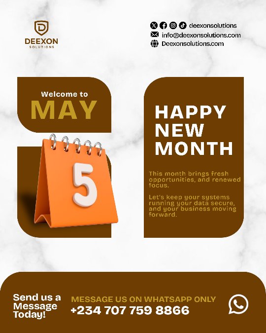 deexonsolutions's tweet photo. Happy New Month! 🎉
May brings fresh opportunities — and we’re here to help you take full advantage of them.
From website development to management, Deexon Solutions has you covered.
Let’s build, secure, and grow your business this month. https://t.co/RhQkuWWUTm