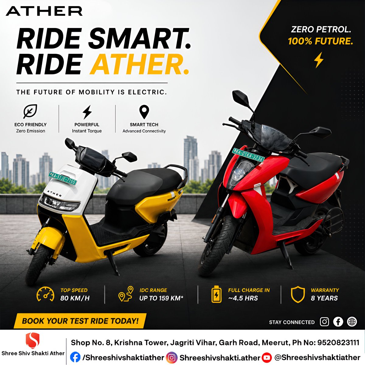 Athermeerut's tweet image. Petrol prices ka tension? Switch to smart riding with Ather ⚡

Zero petrol, instant pickup, smart tech &amp;amp; premium electric performance — now in Meerut.
Book your test ride today!
📞 9520823111

#Ather #ElectricScooter #Meerut #EVIndia #RideSmartRideAther #shreeshivshakitiather