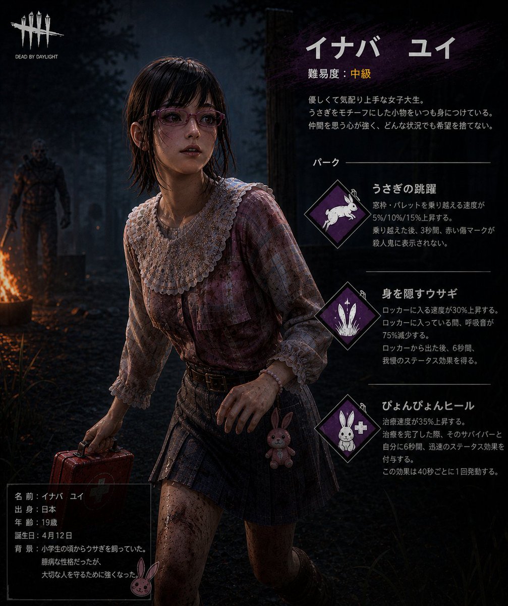 march_rabbit_yi's tweet photo. ChatGPTで「自分をデッドバイデイライトのキャラクターにして」で作ってみた✨

「ぴょんぴょんヒール🐇」💕www https://t.co/M9DQn6PhTr