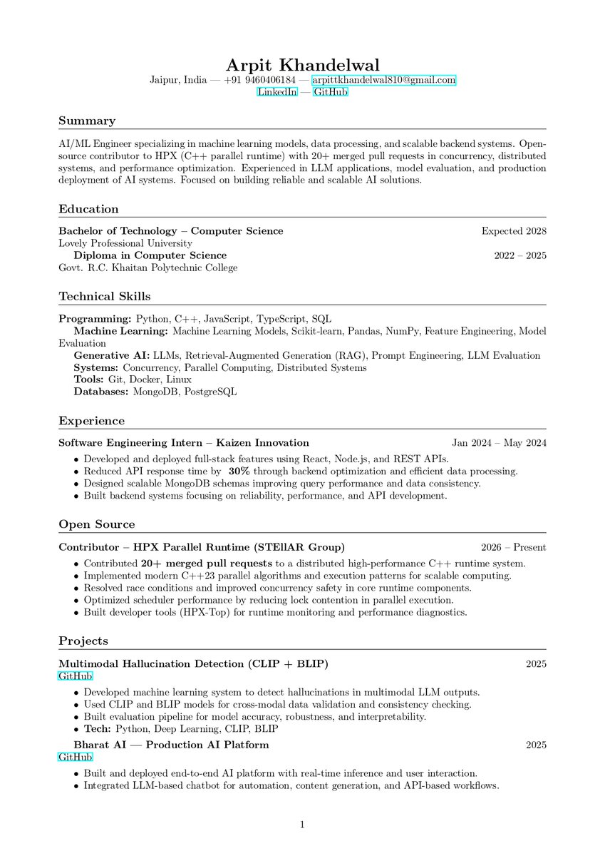 arpittdev's tweet photo. Roast my resume.

CSE student targeting AI/ML + SWE.

• 20+ PRs (HPX, C++)
• LLM + multimodal AI
• 2 research papers
• Production AI systems

What would make you reject me in 10s?

Resume 👇 https://t.co/juJchX48Us