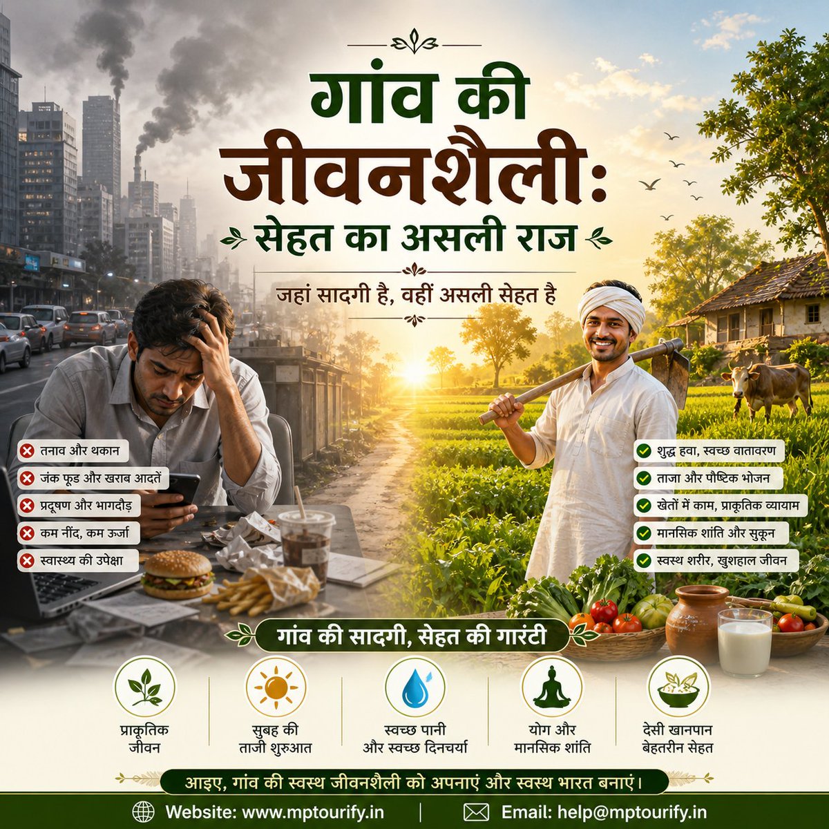 mptourify's tweet image. 🌿 जो शहर ढूंढ रहा है… वो गांव में पहले से है

सादा जीवन, शुद्ध भोजन और प्रकृति के साथ संतुलन 💚
यही है असली सेहत।
👇 आप क्या चुनेंगे?
City 🏙️ या Village 🌾

#HealthyLiving #VillageLife #MPTourify #DesiLifestyle #GoGreenIndia