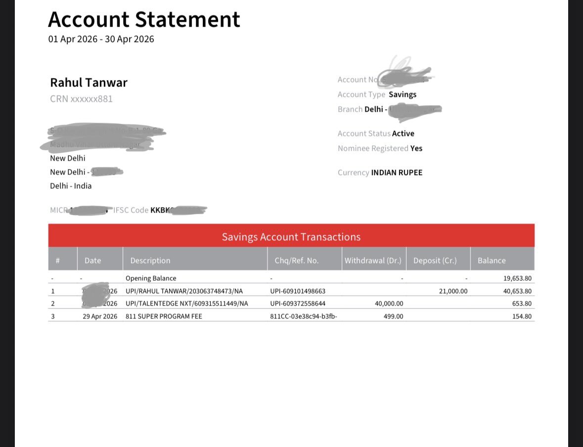 i_rahultanwar's tweet photo. Wow Kotak Mahindra Bank, new feature?
Deduct ₹499 without consent, then explain benefits later 🤡

No SMS, no email. Customer care = endless wait.

I didn’t sign up for this.
#Kotak811 #HiddenCharges #811SuperProgram #UnwantedCharge 👎 https://t.co/oWFNLs6dib