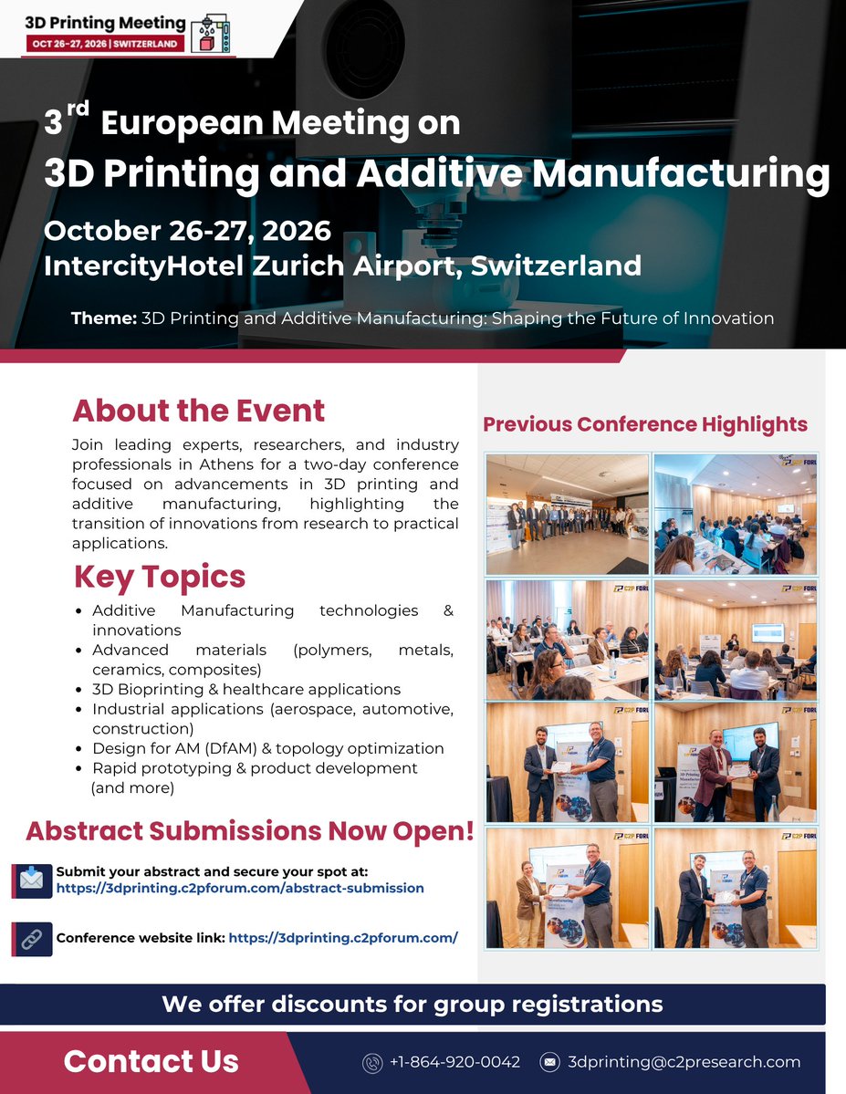 C2pForum's tweet image. Join the 3rd European Meeting on #3DPrinting &amp;amp; #AdditiveManufacturing!
Oct 26–27, 2026
Zurich, Switzerland

Abstract submissions now open!
3dprinting.c2pforum.com

#AM #Engineering #Manufacturing #Innovation #Bioprinting