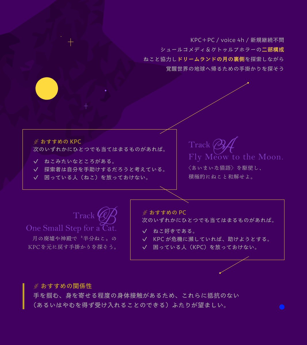 #月初めだし自作シナリオ宣伝する

――　汝、ネコと和解せよ
――　そんでもって手も借りよ

　🌕❚　COC6&amp;7th
　🐈‍⬛❚　やみは時折にゃあとなく
　denebola.booth.pm/items/801672

シュールコメディとクトゥルフホラーの二部構成。
〝半分ねこ〟のKPCを助けるために、ドリームランドの月面を探索しよう！