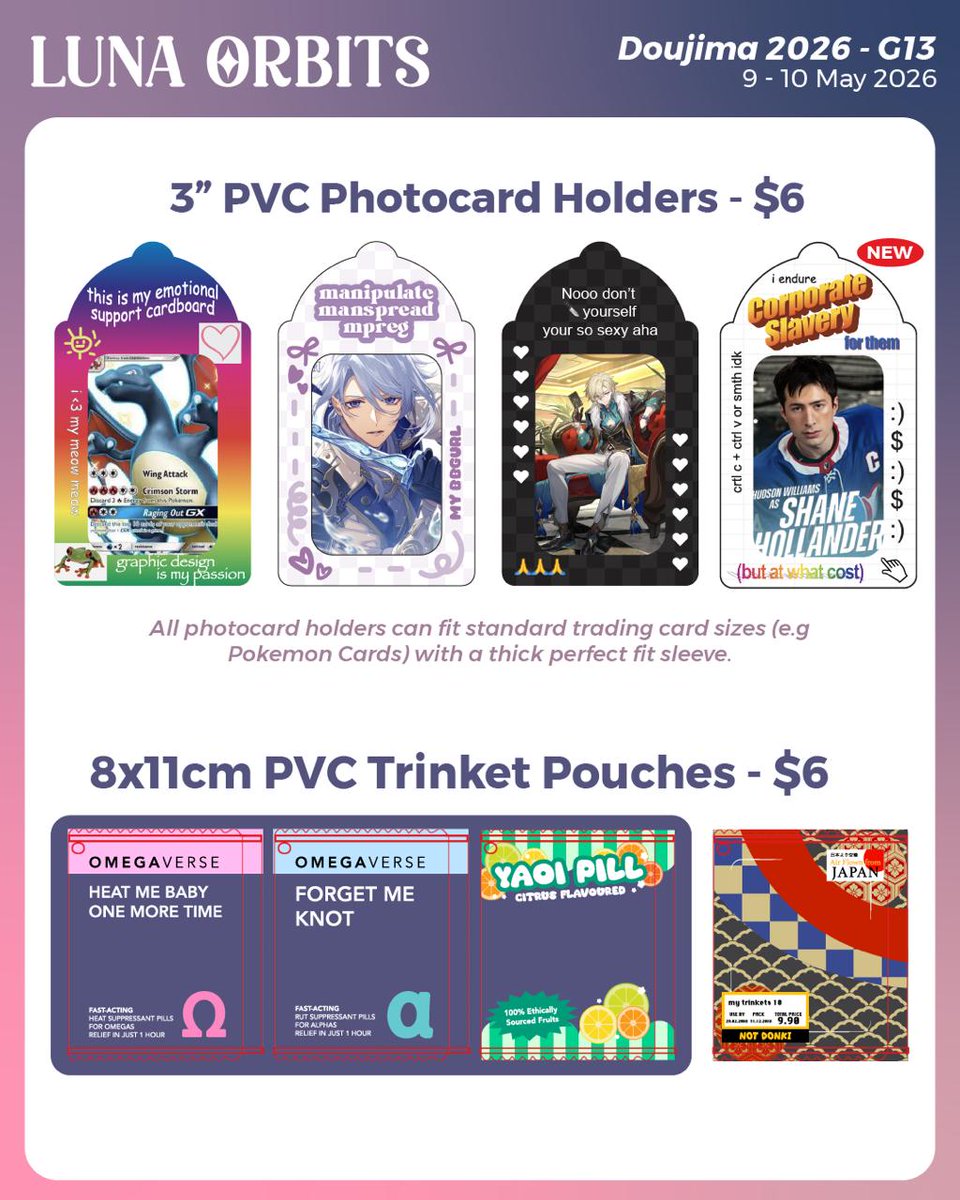 LunaOrbitsCo's tweet photo. I'm back at Doujima this year at table G13!!! I'm putting the majority of my keychains on clearance and added new Heated Rivalry merch (im praying it comes on time 😭😭)

New photocard holders are making their convention debut 👀

Reservations are open till 7 May! https://t.co/GXIU9W3IWr