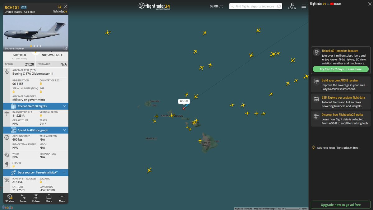 AIYeyENGDdJkjTr's tweet image. May 2, 2026
#Fairfield Travis Air Force Base ==&amp;gt; #Joint Base Pearl Harbor-Hickam, Honolulu 

#RCH101 #AE145C USAF C-17A Globemaster III