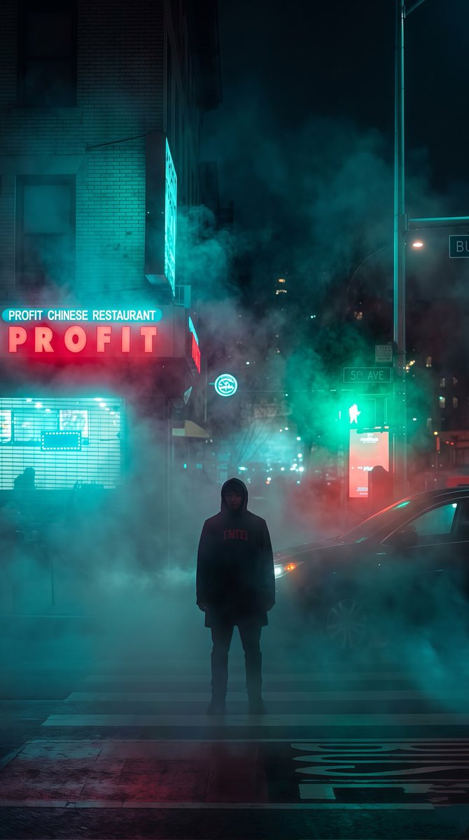 2k115crew's tweet photo. Blue Fog and the Profit Illusion. #cyberpunk #neonnoir #blueaesthetic #urbanfog #rainreflection https://t.co/Ag2aZzTQnE
