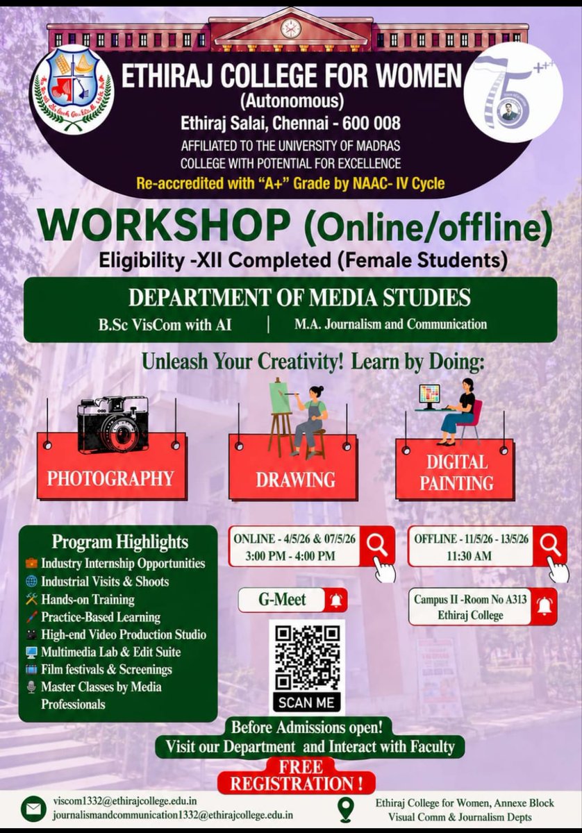 ECWChennai's tweet photo. The Department of Media Studies in Chennai blends AI-driven learning with creative practice. This workshop explores photography, drawing & digital art—building skills for creative careers.
@mike_vmm
#MediaStudies #CreativeWorkshop #EthirajCollege https://t.co/Li9KXcUknz