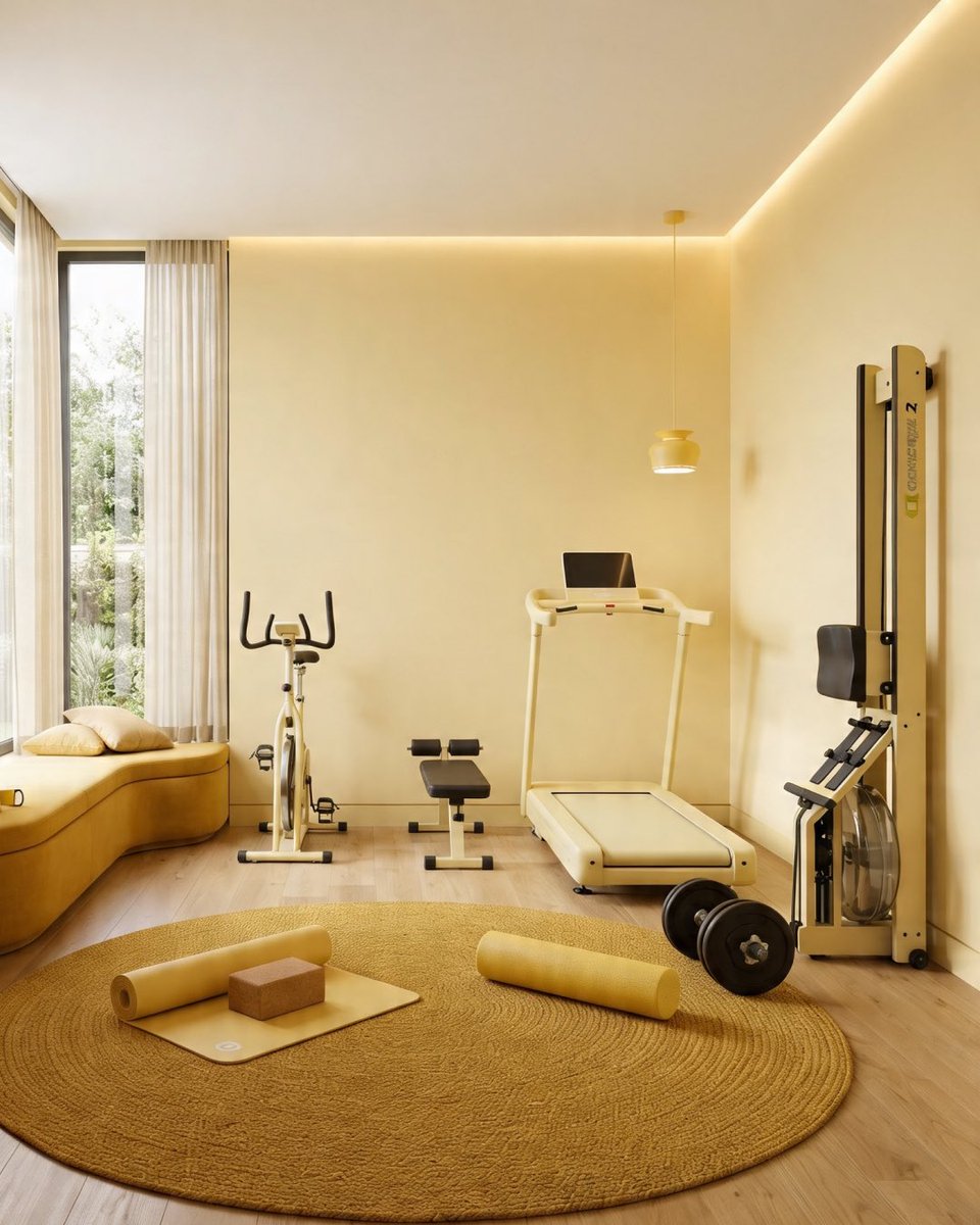 mirainiume's tweet image. Bold move today 💛 A luxury home gym in rich yellow tones. Bright, calm, and beautifully modern. Prompt: “Photorealistic modern home gym in soft rich yellow monochrome, yoga mat, dumbbells, warm daylight, luxury interior design, magazine quality.” #aiart #interiordesign #ai
