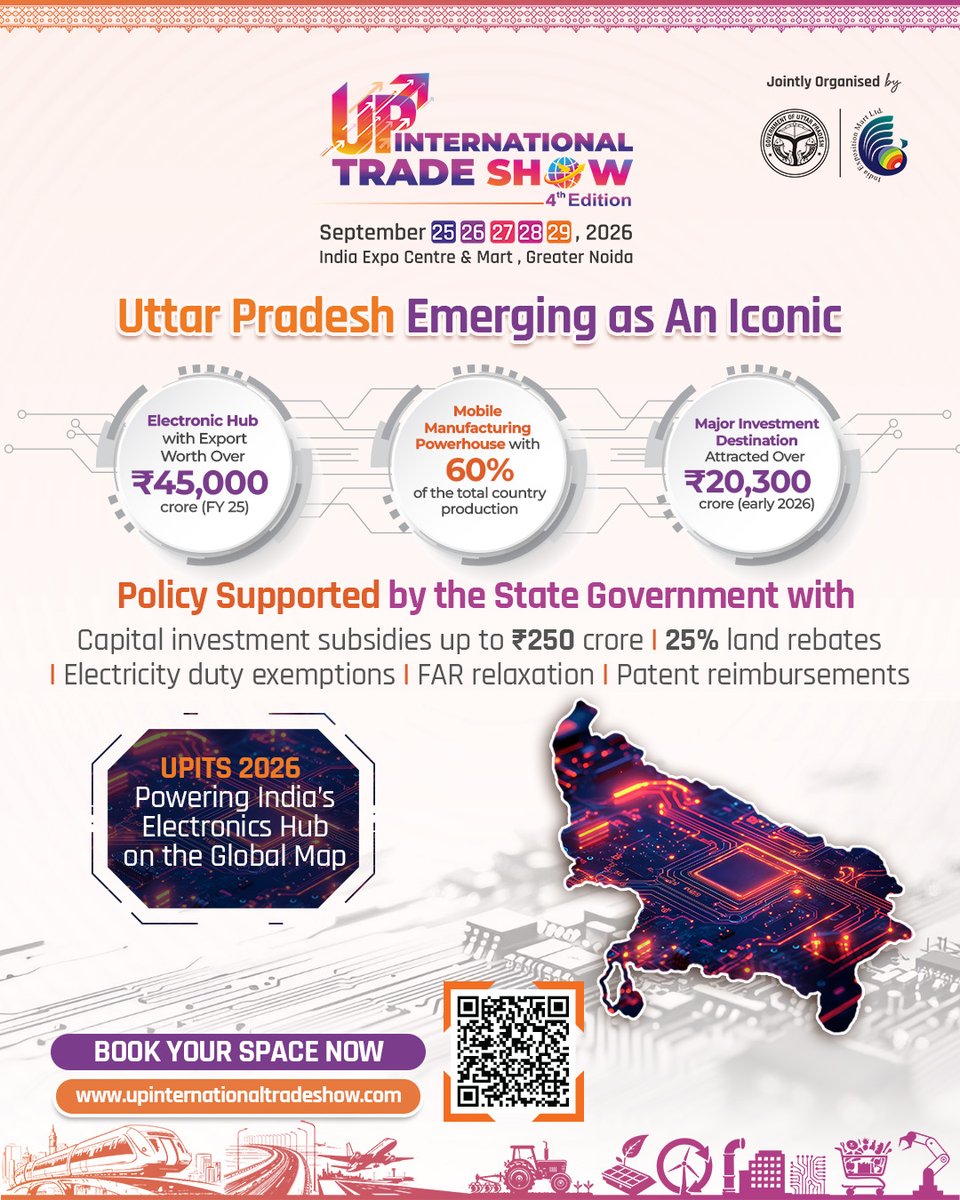 UPIntrTradeShow's tweet image. 𝐔𝐭𝐭𝐚𝐫 𝐏𝐫𝐚𝐝𝐞𝐬𝐡 is fast emerging as an iconic force in India’s industrial landscape, driving the future of #electronics, #manufacturing, and global trade.

⚡ ₹45,000+ crore in electronics exports (FY 25)
📱 60% of India’s mobile manufacturing powered by UP
💼