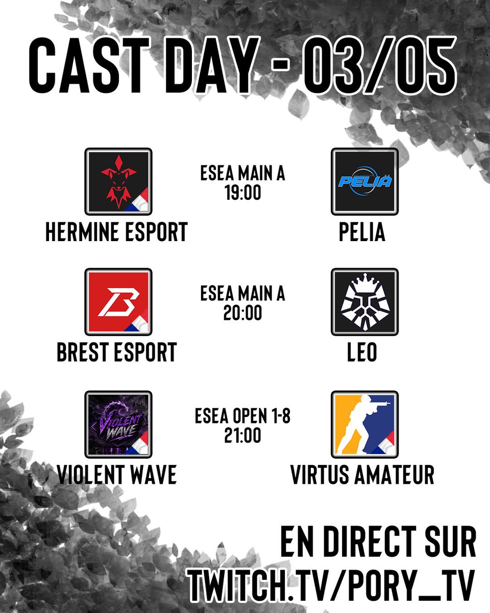 Pory_TV's tweet photo. Retour au cast dès demain avec un programme bien chargé!
19h - ESEA Main : 🇫🇷 @HermineEsports vs. #PELIA 🇫🇮
20h - ESEA Main : 🇫🇷 @Brest_Esport vs. #LEO 🇸🇪
21h - ESEA 1-8 : 🇫🇷 #ViolentWave vs. #VirtusAmateur 🇫🇷
Tout ça cast ici! ➡️ https://t.co/tFmZCiaSoe https://t.co/60NUARuflR