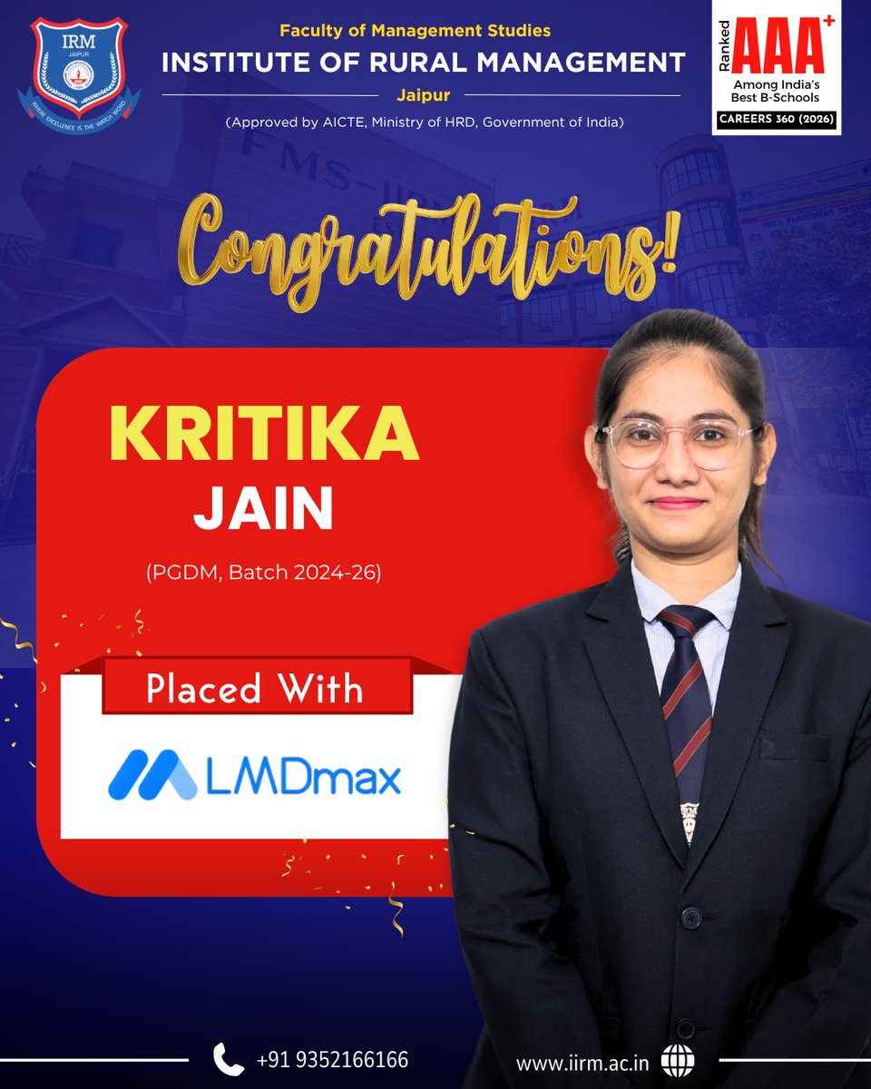 fmsirm's tweet photo. 𝐅𝐌𝐒-𝐈𝐑𝐌 𝐩𝐫𝐨𝐮𝐝𝐥𝐲 𝐜𝐨𝐧𝐠𝐫𝐚𝐭𝐮𝐥𝐚𝐭𝐞𝐬 𝐊𝐫𝐢𝐭𝐢𝐤𝐚 𝐉𝐚𝐢𝐧 𝐨𝐧 𝐬𝐞𝐜𝐮𝐫𝐢𝐧𝐠 𝐡𝐞𝐫 𝐩𝐥𝐚𝐜𝐞𝐦𝐞𝐧𝐭 𝐰𝐢𝐭𝐡 𝐋𝐌𝐃𝐦𝐚𝐱!
Wishing her continued success, growth, and excellence as she begins her professional journey. #FMSIRM #IRMJaipur #MBAplacements https://t.co/4sThS23VKX