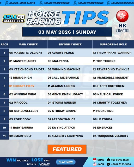 Asaa88C's tweet photo. 【🇭🇰 Hong Kong Sha Tin Race Tips 🇭🇰】🏇
Date: 03/05/2026 Sunday
Time: 12:45PM - 06:20PM https://t.co/SCzpnVG9Hp