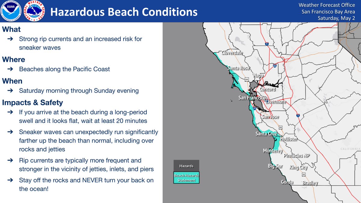 NWSBayArea's tweet image. Heading to the beach this weekend? 
 
A Beach Hazards Statement goes into effect at 11AM today and remains in effect through Sunday evening due to an increased risk of sneaker waves and rip currents. Stay aware of marine conditions and never turn your back on the ocean. #CAwx