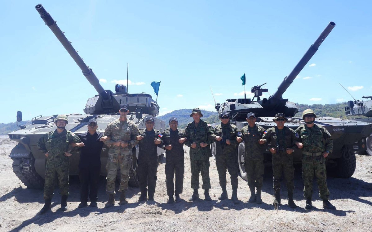 MonteroMax's tweet photo. As part of Exercise Balikatan 41-2026, 🇵🇭Philippine Army Sabrah light tanks conducted live fire exercises with 🇯🇵JGSDF Type 16 MCVs, both firing 105mm tank rounds. The Type 16 was designed for rapid deployment and operations areas that can't support heavy tanks.
📷Philippine Army https://t.co/E3QhBjHXXM