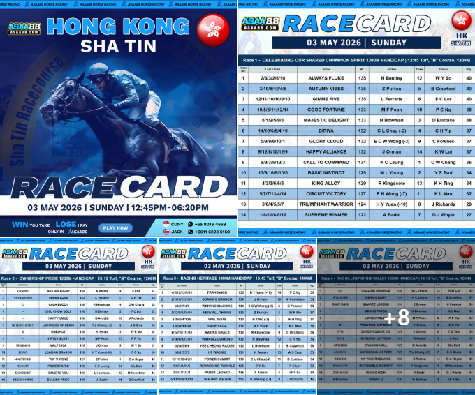Asaa88C's tweet photo. 🇭🇰 Hong Kong Sha Tin Racing Schedule 🇭🇰】🏇
Date：03/05/2026 Sunday
Time：12:45PM - 06:20PM
See More >> https://t.co/ENw5s5x5Y5 https://t.co/JXpTYm11GM