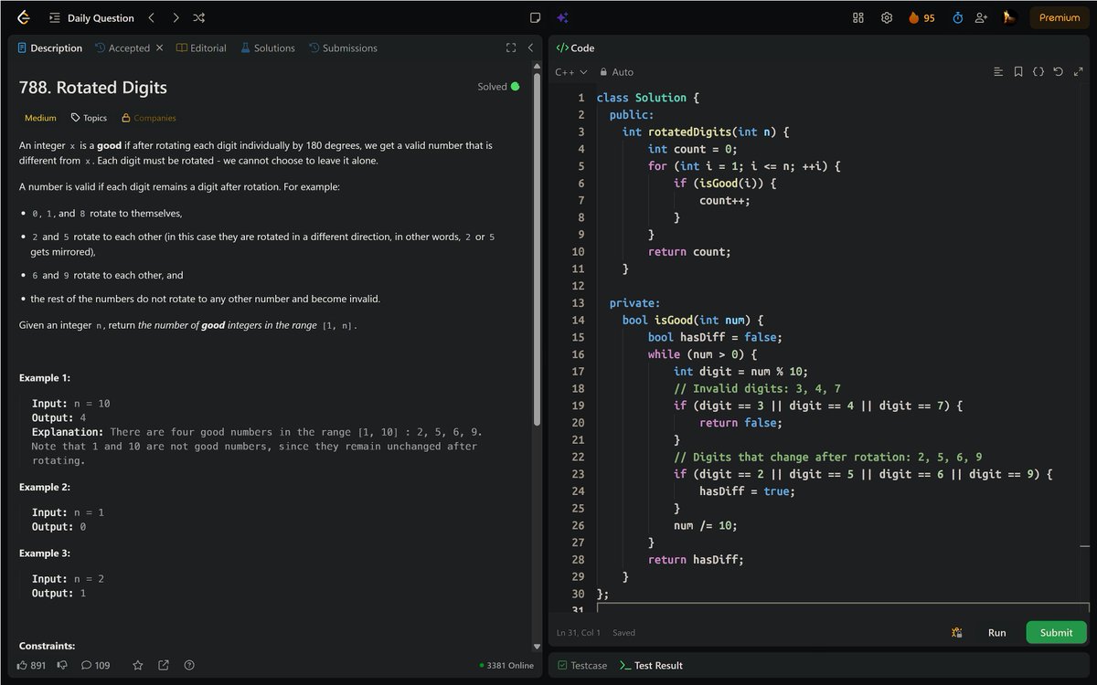PankajB42550's tweet photo. 🚀 Solved: Rotated Digits (@LeetCode Daily)

Digit rules: 2↔5, 6↔9 swap; 0,1,8 same; 3,4,7 invalid. Count numbers with at least one swapping digit and no invalid digits.

📊Complexity:
⌛O(n log n) | O(1)
🔥 #Day95/90

#LeetCode #DSA #Math #Simulation #ProblemSolving #DAY95/90 https://t.co/sqnqYkwyhy