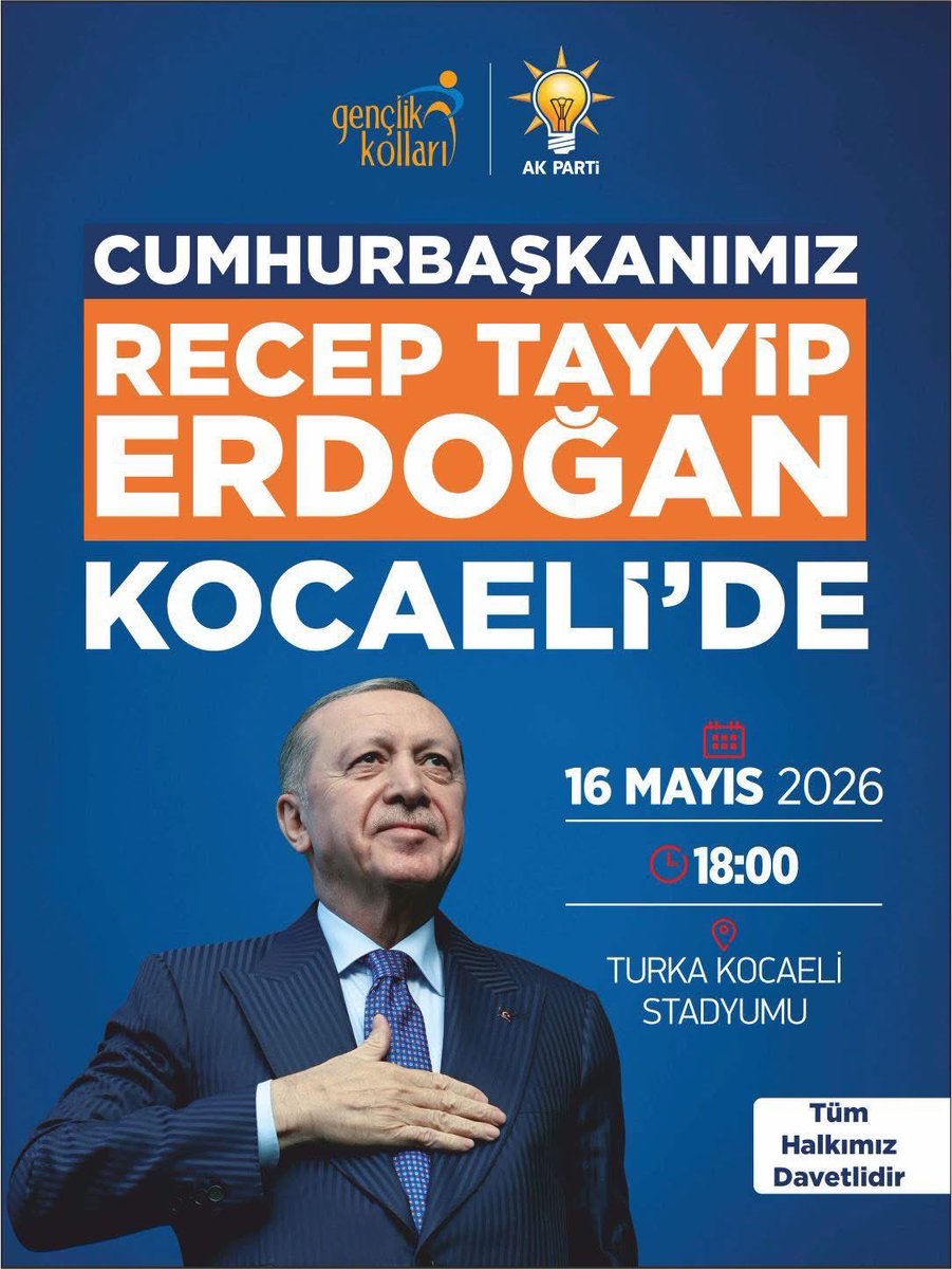 sinanyasar0441's tweet photo. Ve geri sayım başladı, Cumhurbaşkanımız Sayın Recep Tayyip Erdoğan Kocaeli’ye geliyor. 

📍 Yer: Turka Kocaeli Stadyumu
📅 Tarih: 16 Mayıs 2026
🕕 Saat: 18.00

Büyük bir coşku ve heyecanın yaşanacağı bu muhteşem güne tüm halkımız davetlidir. https://t.co/VnUH13FsZO