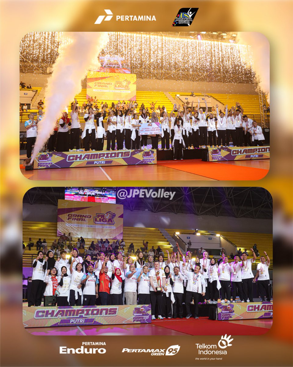 JPEVolley's tweet photo. We did it again, JPE Friends! 🫶🏻🔥

Perjalanan ini nggak mudah. Setiap pertandingan, setiap tekanan, setiap cerita yang  dilewati jadi bagian dari perjalanan besar. Dengan usaha, kepercayaan, dan kebersamaan yang terus dijaga, akhirnya kita berhasil mempertahankan gelar juara ⭐️ https://t.co/Jfngm7UnlW