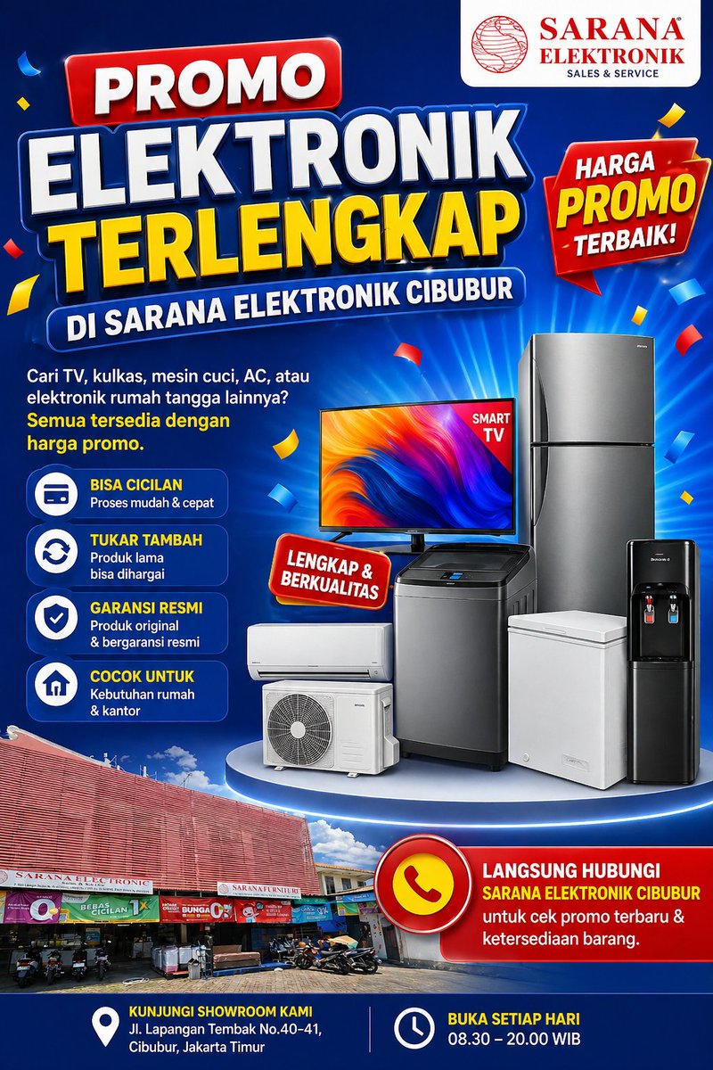 hellosarana's tweet photo. Cari elektronik rumah tangga atau kebutuhan kantor tanpa repot?

Di Sarana Elektronik Cibubur tersedia berbagai pilihan dengan banyak pilihan merek dan harga promo.

Jl. Lapangan Tembak No.40–41, Cibubur, Jakarta Timur
Buka setiap hari.

WhatsApp: https://t.co/FIpjaWBnSM https://t.co/oRNAQa61Fz