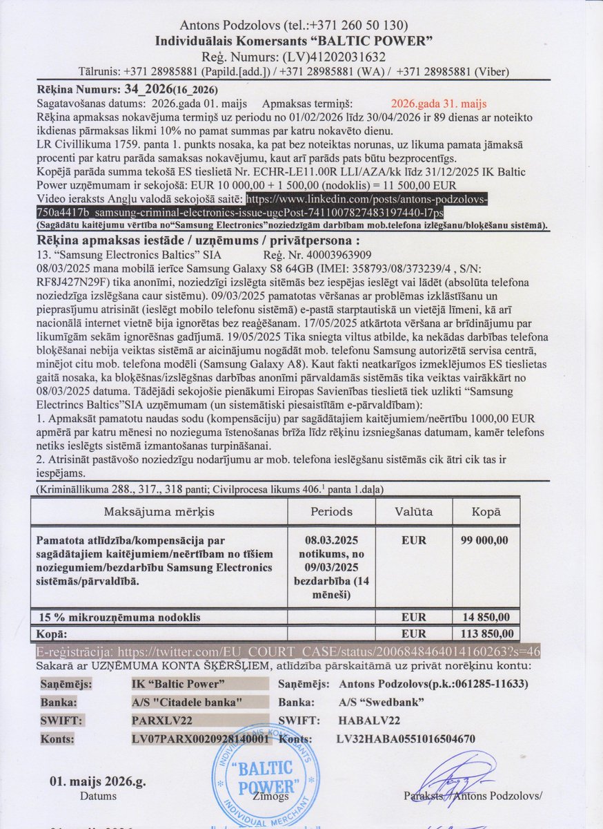 EU_COURT_CASE's tweet photo. Electronic send of updated invoice 01/05/2026 via e-mail.
🇱🇻)Fin.parāds
🇪🇺)Fin.owing
🇷🇺)Фин.долг
Līdz/Till/До 30/04/2026
EUR 99 000,00+14 850,00(TAX)
TOTAL:EUR 113 850,00
Receptions confirmed✅ :
https://t.co/KQfQomn8TE
Crutual deadline 31/05/2026❗:
https://t.co/UrFOqdVOjN https://t.co/XouCVIFWyK