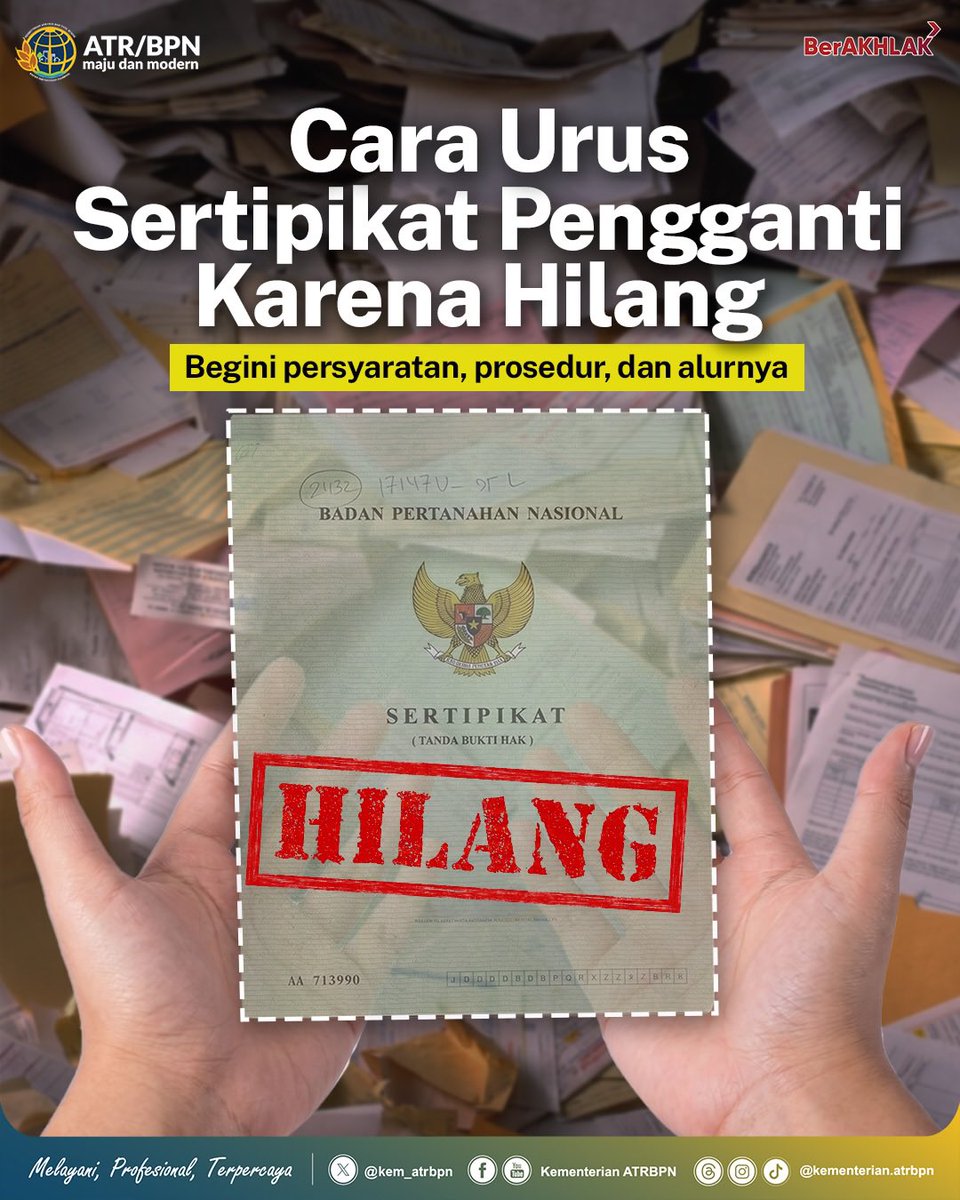 KantahPdg's tweet image. #repost Halo #SobATRBPN, yang perlu kamu ketahui jika satu dokumen hilang, risiko bisa panjang, karena sertipikat tanah bukan sekadar kertas, ini adalah bukti hak milikmu. 

Nah, kini ada solusi lebih aman: Sertipikat Elektronik ✅ Minim risiko hilang ✅ Lebih terlindungi ✅